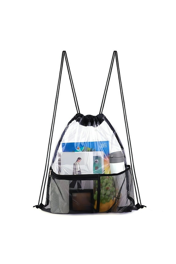Travel Waterproof Transparent Toiletry Bag, Drawstring Beach Backpack, Sports Dirty Clothes Storage, Large Capacity, Mesh Pockets for Essentials, Durable EVA Material