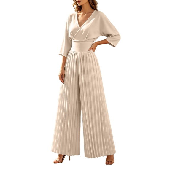 PBFRDSJ 2026 Women's Vintage Wide Leg Jumpsuit Wrap V Neck 3/4 Sleeve Pleated Jumpsuit High Waist Wide Leg Long Pants Sizes S-2XL