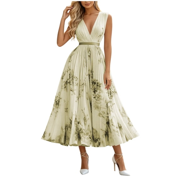 PBFRDSJ A Line Dresses for Women Summer Sleeveless Boho Floral Print Beach Sundress Elegant V Neck Pleated Long Dresses