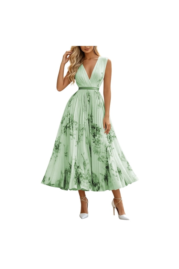 A Line Dresses for Women Summer Sleeveless Boho Floral Print Beach Sundress Elegant V Neck Pleated Long Dresses
