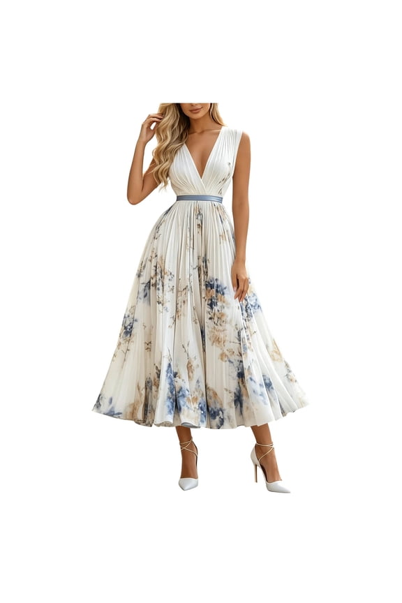 A Line Dresses for Women Summer Sleeveless Boho Floral Print Beach Sundress Elegant V Neck Pleated Long Dresses