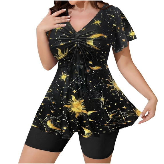 PBFRDSJ Swimsuits for Women Over 50 2 Piece V-Neck Drawstring Ruched Swim Dress with Boyshorts High Waist Tummy Control Modest Swimwear