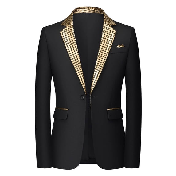 PBFRDSJ Black Blazer Men One Button Slim Fit Casual Business Tuxedo Outfit Grid Rhinestone Trim Notched Lapel Tuxedo Blazer