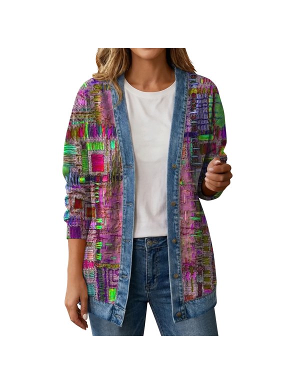 Boho Patchwork Jacket for Women Retro Western Novelty Floral Printed Long Sleeve Sweatshirts Casual 3/4 Sleeve Abstract Print Cardigan