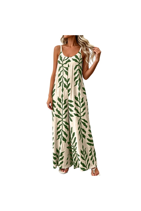 Boho Wide Leg Jumpsuits for Women Sleeveless Spaghetti Strap Loose One Piece Rompers Ruched Flowy Vacation Jumpsuits