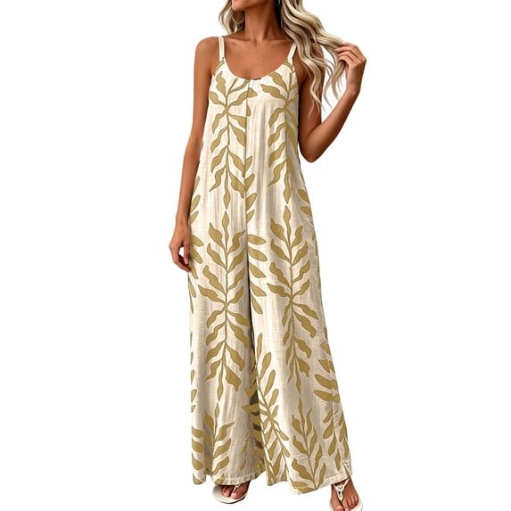 PBFRDSJ Boho Wide Leg Jumpsuits for Women Sleeveless Spaghetti Strap Loose One Piece Rompers Ruched Flowy Vacation Jumpsuits