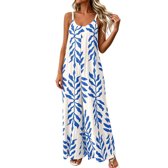 PBFRDSJ Boho Wide Leg Jumpsuits for Women Sleeveless Spaghetti Strap Loose One Piece Rompers Ruched Flowy Vacation Jumpsuits
