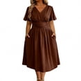thumbnail image 1 of PBFRDSJ Bridesmaid Dresses for Wedding Elegant V Neck Flowy A Line Dress Womens Midi Length Pleated Puff Sleeve Modest Long Sundress, 1 of 5