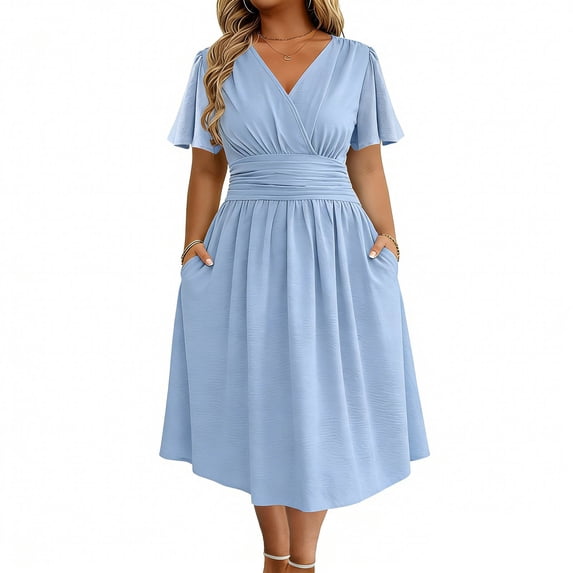 PBFRDSJ Bridesmaid Dresses for Wedding Elegant V Neck Flowy A Line Dress Womens Midi Length Pleated Puff Sleeve Modest Long Sundress
