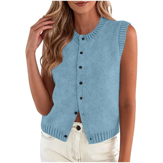 PBFRDSJ Cardigan Sweaters for Women Summer Sleeveless Crewneck Knit Vest Top Ribbed Trim Button Down Sweater Tank Tops