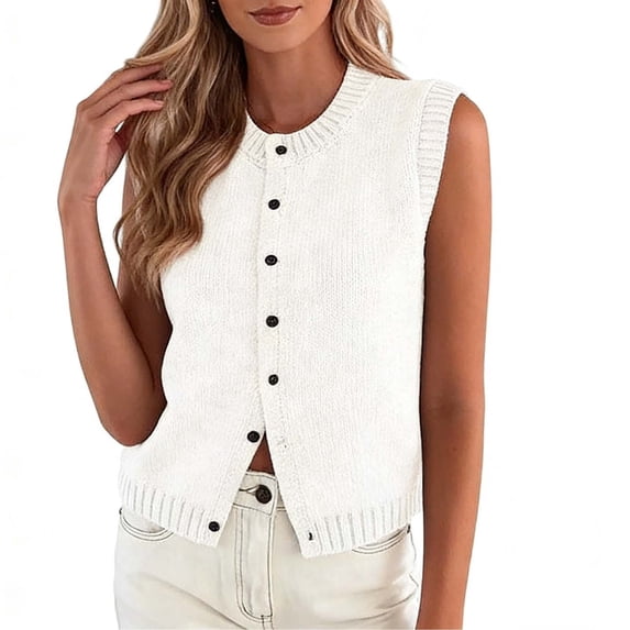 PBFRDSJ Cardigan Sweaters for Women Summer Sleeveless Crewneck Knit Vest Top Ribbed Trim Button Down Sweater Tank Tops