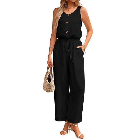 PBFRDSJ Casual Jumpsuits for Women Cut Out Back Sleeveless Button Down Jumpsuit Drawstring Waist Wide Leg Romper for Vacation Beach Travel