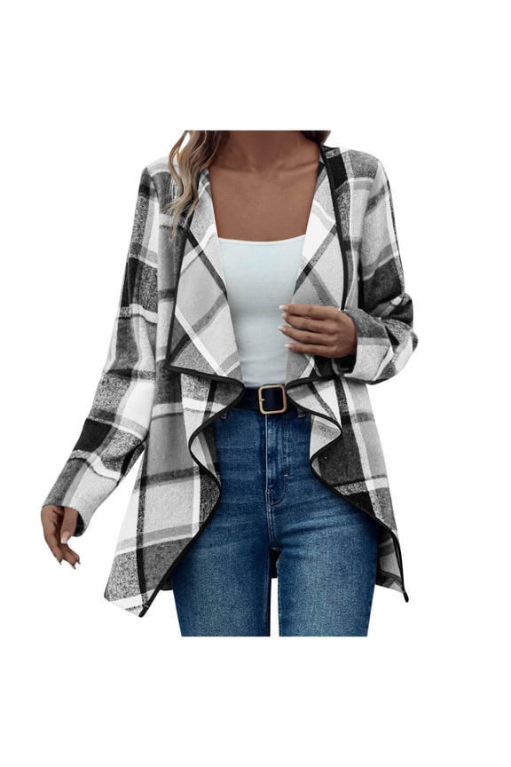 Checkered Cardigans for Women Fall Winter Ladies Duster Long Sleeve Loose Fit Lapel Cover Up