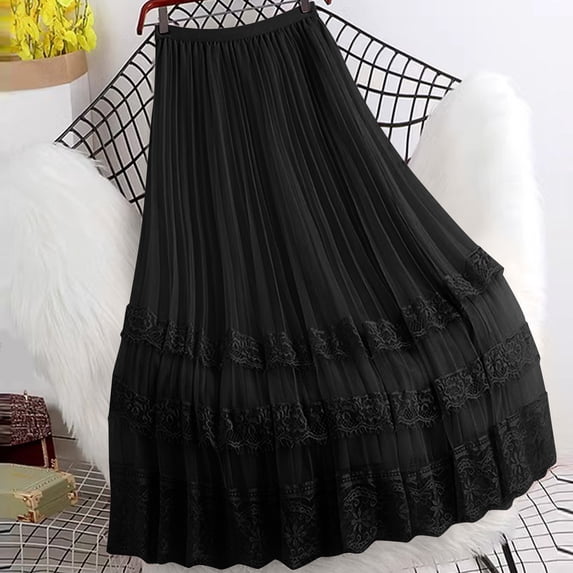 PBFRDSJ Chiffon Skirt for Women High Waisted Lace A-Line Pleated Maxi Skirt Tulle Layered Ruffles Solid Color Fairy Skirt