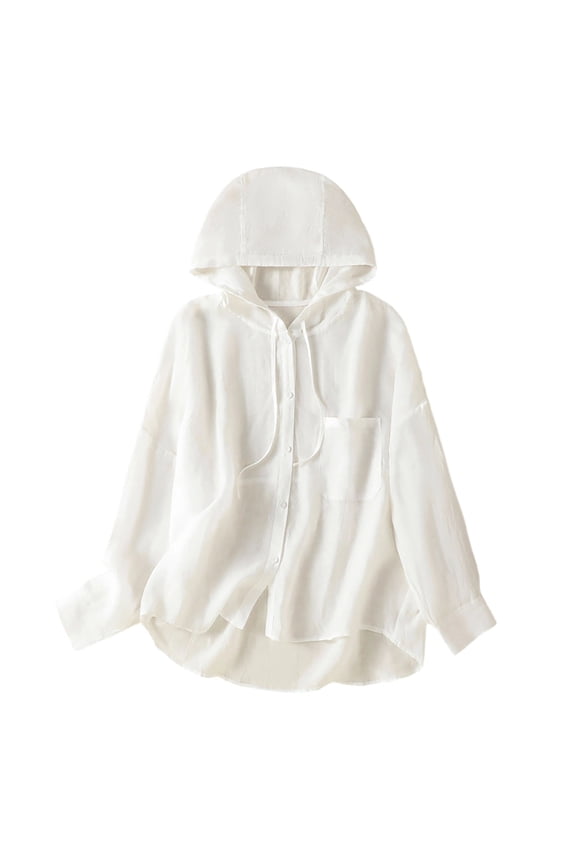 Cotton Linen Hoodie Tops for Women Sun Protection UPF 50+ UV Lightweight Beach Vacation Tops Button Down Flowy Shirts