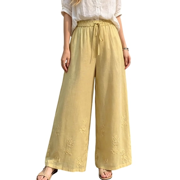 PBFRDSJ Cotton Linen Plazzo Pants for Women Boho Floral Embroidered Drawstring Pants Casual Wide Leg Peasant Vacation Bottoms