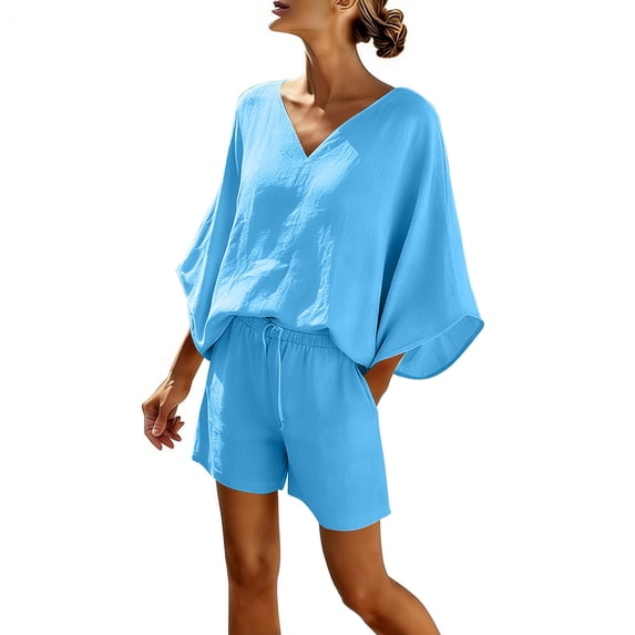 PBFRDSJ Cotton Linen Sets for Women Batwing Sleeve Top & Drawstring Waist Shorts Set Summer Vacation Beach Outfits with Pockets