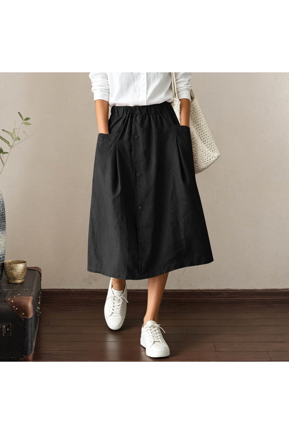 Cotton Linen Skirt for Women Elastic Waist Button Front Vintage Stretch A-Line Flared Casual Midi Skirts Peasant Trendy Skater with Pockets