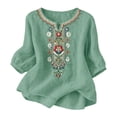 thumbnail image 1 of PBFRDSJ Cotton Linen Tops for Women Lightweight Retro Embroidered 3/4 Sleeve Bohemian Peasant Shirts Plus Size V Neck Casual Summer Beach Boho Tops, 1 of 7