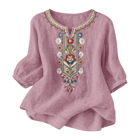 PBFRDSJ Cotton Linen Tops for Women Lightweight Retro Embroidered 3/4 Sleeve Bohemian Peasant Shirts Plus Size V Neck Casual Summer Beach Boho Tops