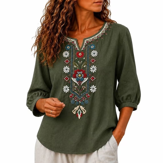 PBFRDSJ Cotton Linen Tops for Women Lightweight Retro Embroidered 3/4 Sleeve Bohemian Peasant Shirts Plus Size V Neck Casual Summer Beach Boho Tops