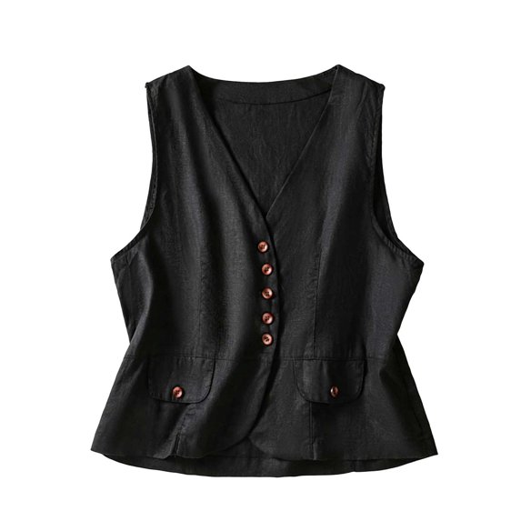 PBFRDSJ Cotton Linen Vest for Women Summer Sleeveless V Neck Button Down Tank Tops Lightweight Business Casual Jacket with Pockets