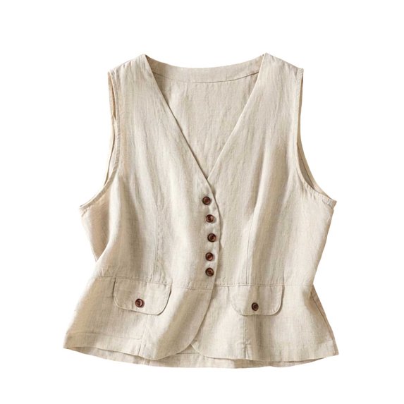 PBFRDSJ Cotton Linen Vest for Women Summer Sleeveless V Neck Button Down Tank Tops Lightweight Business Casual Jacket with Pockets