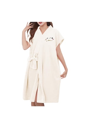 Cute Loungewear for Ladies 1/4 Sleeve Absorbent Soft Midi Bathrobes Tie Front Solid Color Spa Robes with Cute Face