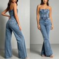thumbnail image 1 of PBFRDSJ Denim Jumpsuit for Women Strapless Button Front High Waist Flared Long Pants for Daily Party Occasions Sizes XS-L, 1 of 6