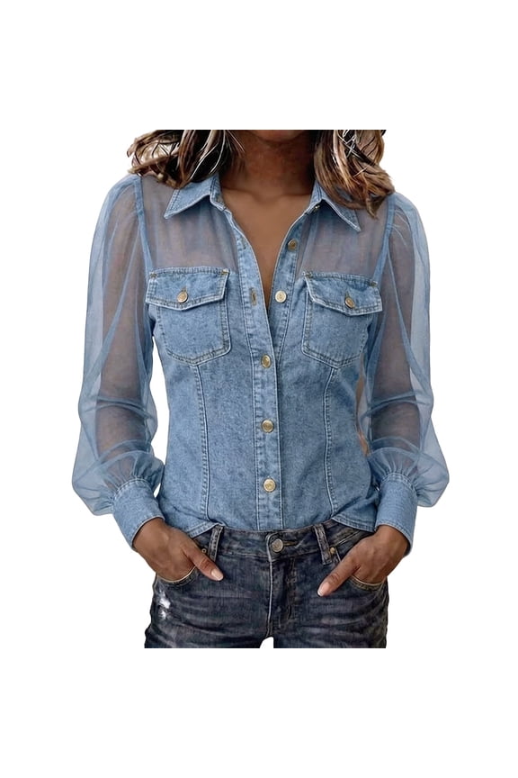 Denim Tops for Women Sheer Mesh Long Sleeve Button Down Shirt Breathable Patchwork Imitation Jeans Casual Blouse