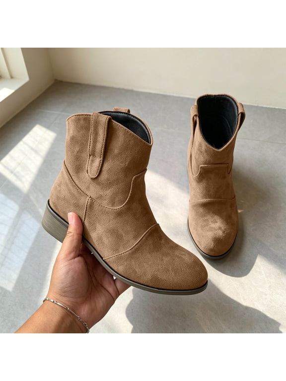 Faux Suede Round Toe Ankle Cowboy Boots Retro Round Toe Short Booties Slip On Heel Comfortable Warm Fall Winter Shoes