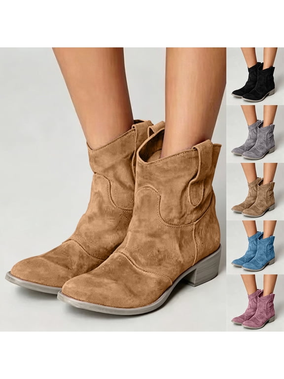 Faux Suede Round Toe Ankle Cowboy Boots Retro Round Toe Short Booties Slip On Heel Comfortable Warm Fall Winter Shoes