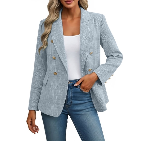 PBFRDSJ Fitted Blazer for Women Double Breasted Open Front Tweed Suit Jacket Vintage Pinstripe Office Blazer
