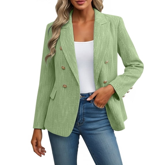 PBFRDSJ Fitted Blazer for Women Double Breasted Open Front Tweed Suit Jacket Vintage Pinstripe Office Blazer