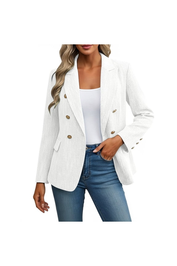 Fitted Blazer for Women Double Breasted Open Front Tweed Suit Jacket Vintage Pinstripe Office Blazer