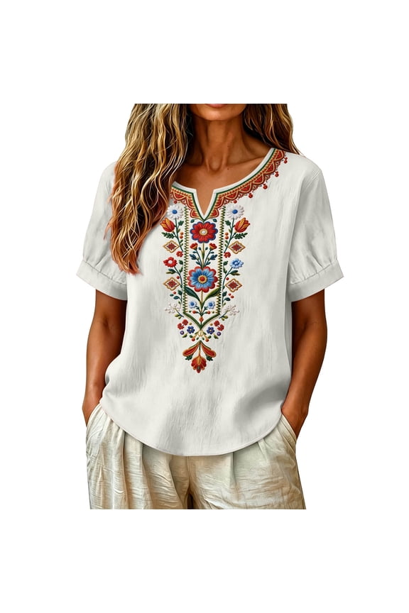 Floral Embroidered Tops For Women V Neck Half Sleeve Boho Summer Tops Peasant Loose Cotton Tee Shirts