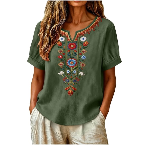 PBFRDSJ Floral Embroidered Tops For Women V Neck Half Sleeve Boho Summer Tops Peasant Loose Cotton Tee Shirts