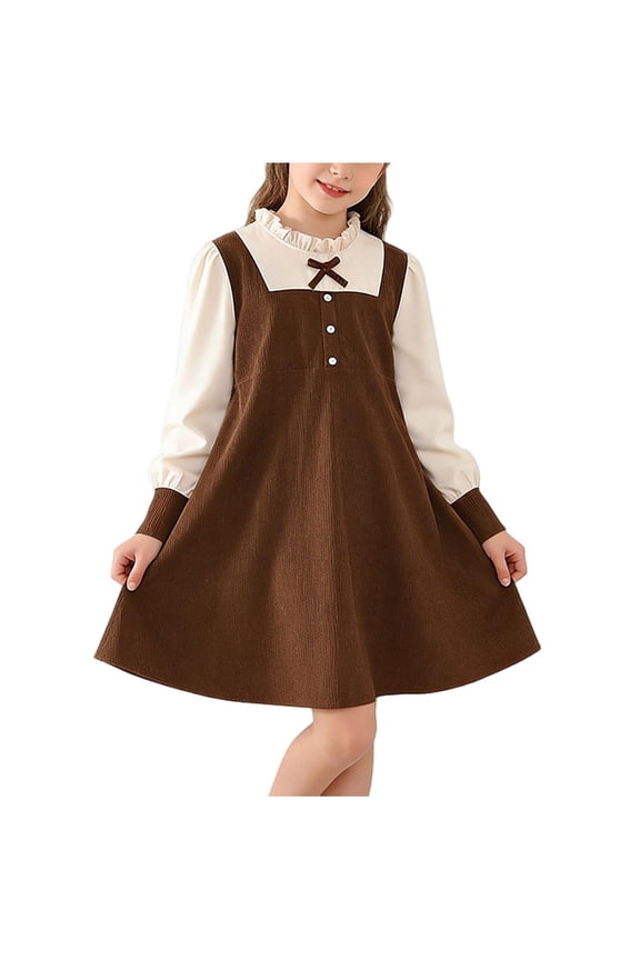 Girl's Cute Ruffle Corduroy Pinafore Overall Dress Long Sleeve Tank Midi Babydoll Bib Jumper Dress
