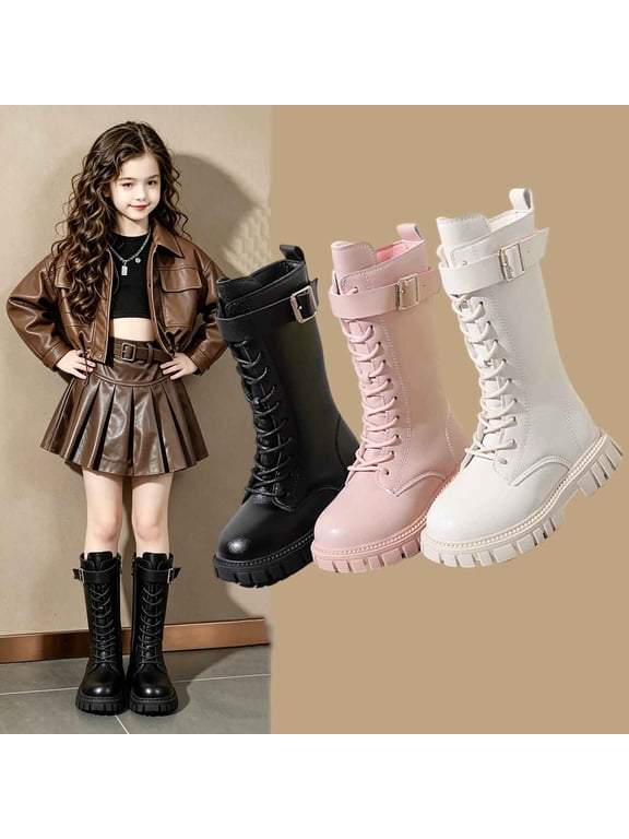 Girls Knee High Boots Mid Calf Non Slip Lace Up Workwear Boots Side Zipper Punk Goth Shoes Fall Winter Fashion Shoes