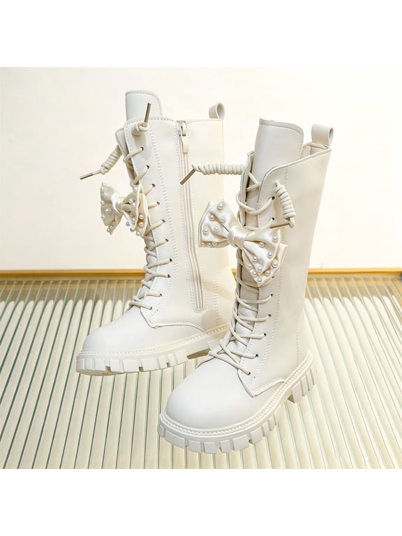 Goth Riding Boots for Little Girl/Big Girl Cute Bow Lace-Up Side Zipper Knee High Boot Fancy Mid Calf Booties