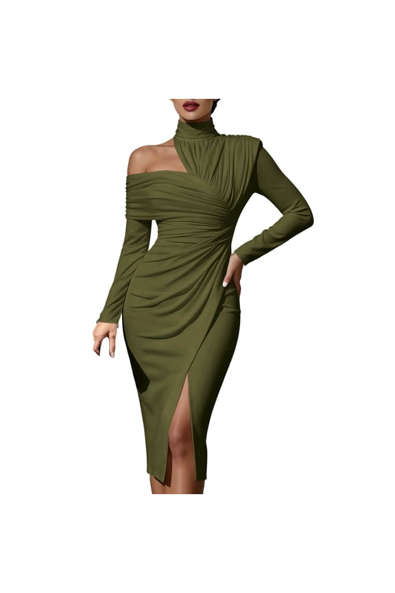 Halter Dresses for Women Mock Neck Ruched One Shoulder Bodycon Midi Dress Long Sleeve Split Hem Casual Sundress for Cocktail Party Wedding Guest