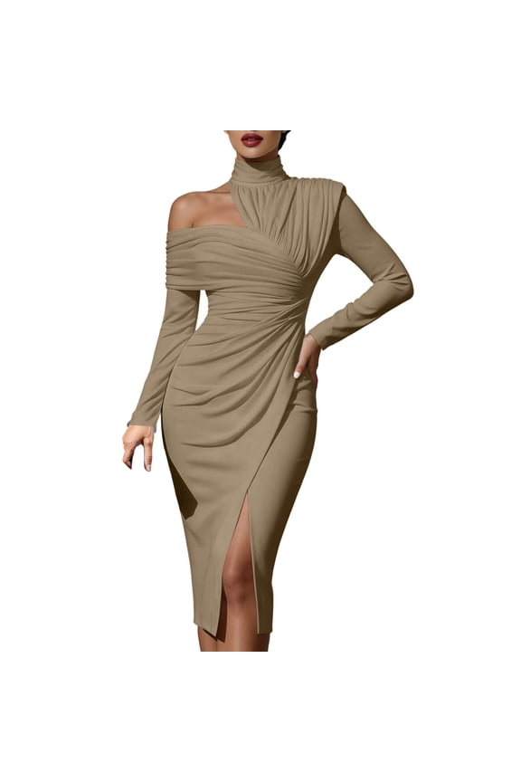 Halter Dresses for Women Mock Neck Ruched One Shoulder Bodycon Midi Dress Long Sleeve Split Hem Casual Sundress for Cocktail Party Wedding Guest