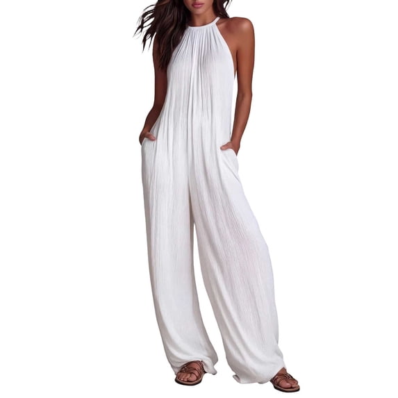 PBFRDSJ Halter Romper for Women Sleeveless Backless Loose Jumpsuit Solid Color Casual Wide Leg Long Pants Romper with Side Pockets Beach Vacation Clothes