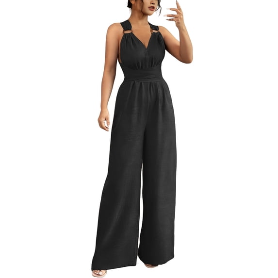 PBFRDSJ Jumpsuits for Women Dressy Sleeveless V Neck Wide Leg Pants Solid Off Shoulder High Waisted Overalls for Business Casual Travel