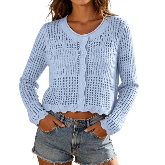 PBFRDSJ Long Sleeve Cardigan for Women Knit Crochet Button Down Sun Protection Cover Up Trendy Summer Sweaters for Casual Vacation