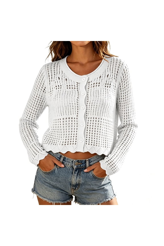 Long Sleeve Cardigan for Women Knit Crochet Button Down Sun Protection Cover Up Trendy Summer Sweaters for Casual Vacation