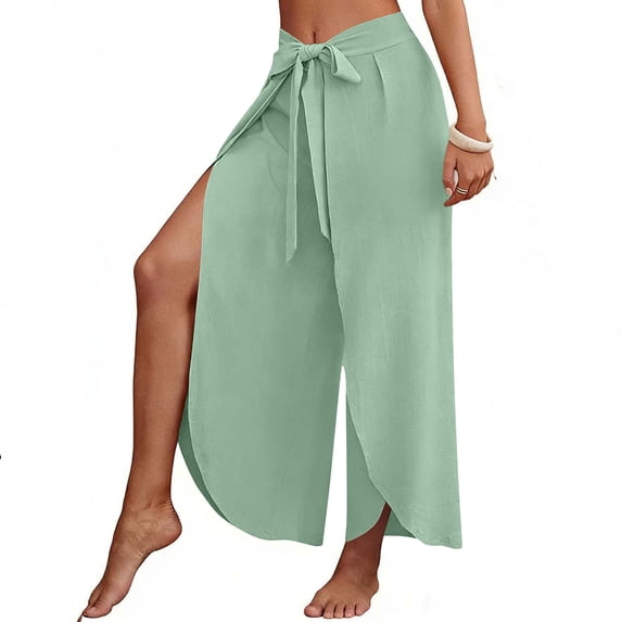 PBFRDSJ Loose Pants for Women Drawstring Elastic Waisted High Slit Wide Leg Pants Casual Comfy Palazzo Flowy Trousers