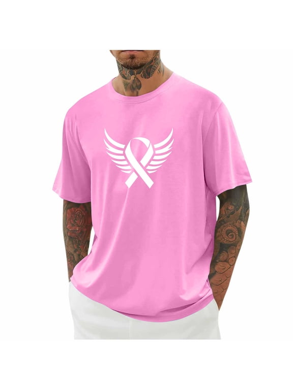 Men Breast Cancer Awareness Shirts Casual Wings Print Short Sleeve T Shirt Cancer Fighter Tee Tops
