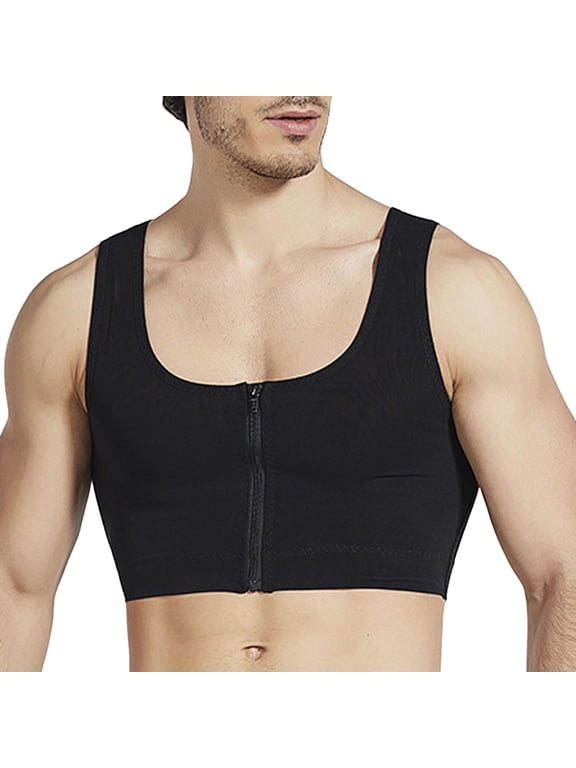 Men Chest Binder Tank Top Front Zipper Closure Scoop Neck Sleeveless Wide Straps Body Shaper for Gym Fitness Casual Wear