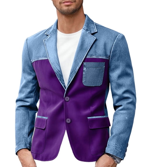 PBFRDSJ Men's Color Block Denim Patchwork Blazer Casual Sport Golf Coat Notched Lapel Two Button Slim Fit Blazer Jacket